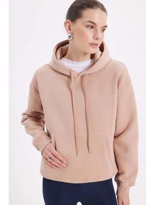 Tudors Kadın Oversize Geniş Kesim Pamuklu Yumuşak Dokulu İçi Polarlı Basic Vizon Kapüşonlu Sweatshirt