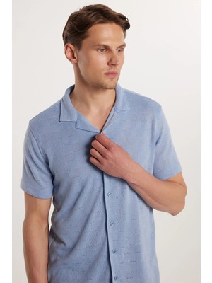 Tudors Slim Fit Kısa Kol Örme Kumaş Apaş Yaka Rahat Armürlü Doku Mavi Erkek Gömlek