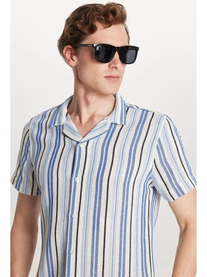 Tudors Erkek Slim Fit Dar Kesim Pamuklu Rahat Kullanım Çizgili Kısa Kollu Apaş Yaka Gömlek