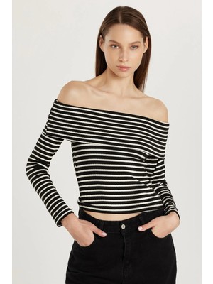 Tudors Kadın Slim Fit Dar Kesim Fitilli Straplez Çizgili Bluz