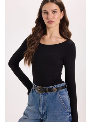 Tudors Kadın Slim Fit Dar Kesim Uzun Kollu Viskon Siyah Bluz