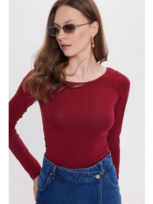 Tudors Kadın Slim Fit Dar Kesim Uzun Kollu Viskon Bordo Bluz