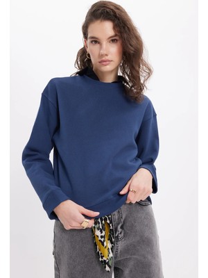 Tudors Kadın Oversize Geniş Kesim Pamuklu Bisiklet Yaka Lacivert Sweatshirt