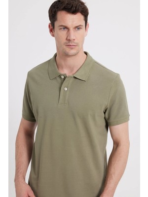 Tudors Erkek Slim Fit Dar Kesim %100 Pamuk Kısa Kollu Polo Yaka Haki Tişört