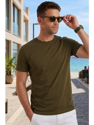 Tudors Unisex Slim Fit Dar Kesim %100 Pamuk Yumuşak Dokulu Yeşil Bisiklet Yaka Tişört