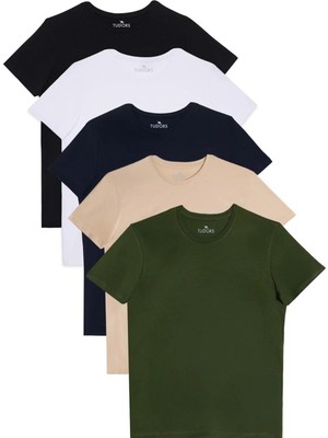 Tudors Unisex 5'li Pkt Siyah-Beyaz-Lacivert-Vanilya-Haki Slim Fit Dar Kesim %100 Pamuk Bisiklet Yaka Tişört