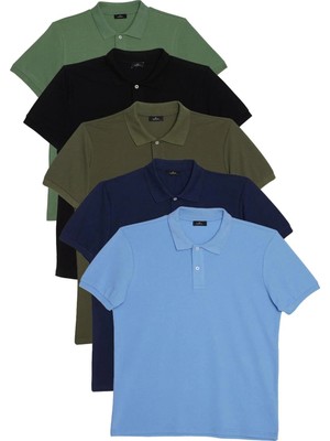 Tudors Erkek 5'li Paket Siyah-Haki-Su Yeşili-Koyu Mavi-Lacivert Slim Fit Pamuklu Düz Pike Polo Yaka Tişört
