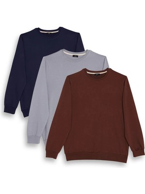 Tudors Erkek 3'lü Lacivert-Gri-Kahverengi Relax Fit Rahat Kesim %100 Pamuk 2 İplik Bisiklet Yaka Sweatshirt