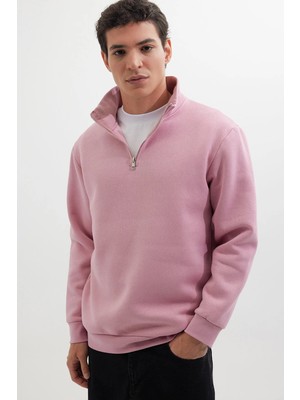 Tudors Unisex Relax Fit Rahat Kesim Pamuklu İçi Polarlı Yarım Fermuarlı Lila Dik Yaka Sweatshirt