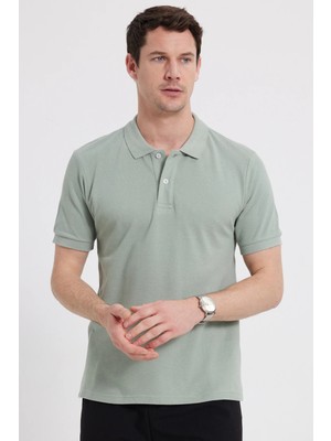 Tudors Erkek Slim Fit Dar Kesim %100 Pamuk Kısa Kollu Polo Yaka Yeşil Tişört