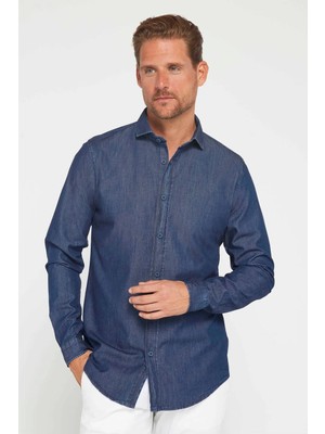 Tudors Slim Fit Uzun Kollu Dar Kesim İtalyan Yaka 4 Mevsim Düz Denim Lacivert Erkek Gömlek
