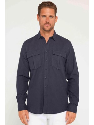 Tudors Erkek Regular Fit Klasik Kesim Oversize %100 Pamuk Keten Doku Çift Cep Füme Gömlek