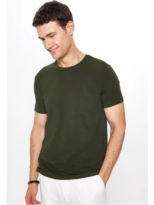 Tudors Erkek Slim Fit Dar Kesim Pamuklu Yumuşak Doku Likralı Esnek Kumaş Basic Haki Bisiklet Yaka Tişört