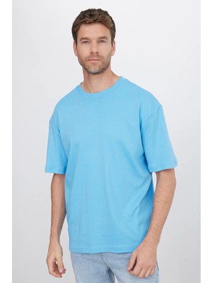 Tudors Unisex Oversize Geniş Kesim %100 Pamuk Yumuşak Dokulu Basic Bisiklet Yaka Mavi Tişört