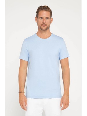 Tudors Erkek Slim Fit Dar Kesim Pamuklu Yumuşak Doku Likralı Esnek Kumaş Basic Mavi Bisiklet Yaka Tişört
