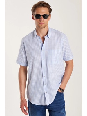 Tudors Erkek Regular Fit Klasik Kesim Oversize %100 Pamuk Kısa Kol Keten Doku Tek Cepli Çizgili Mavi Gömlek
