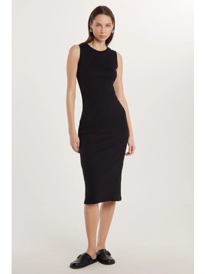 Tudors Kadın Slim Fit Dar Kesim Modal Bisiklet Yaka Sıfır Kol Maxi Siyah Elbise