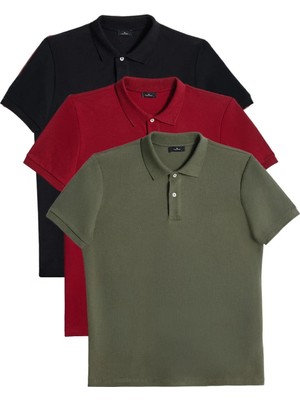 Tudors Erkek 3'lü Paket Siyah-Bordo-Haki Slim Fit Dar Kesim Pamuklu Düz Pike Polo Yaka Tişört