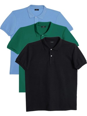 Tudors Erkek 3'lü Paket Siyah-Yeşil-Mavi Slim Fit Dar Kesim Pamuklu Düz Pike Polo Yaka Tişört