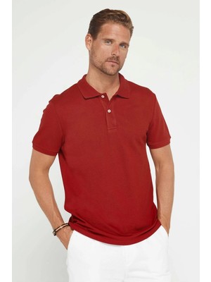 Tudors Erkek Slim Fit Dar Kesim %100 Pamuk Düz Pike Bordo Polo Yaka Tişört