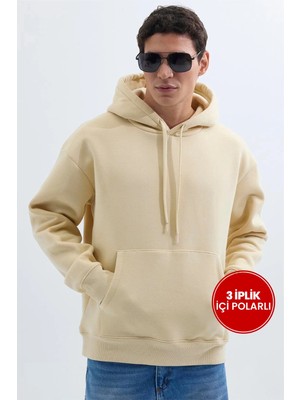 Tudors Unisex Oversize Geniş Kesim Pamuklu Yumuşak Dokulu İçi Polarlı Basic Bej Kapüşonlu Sweatshirt