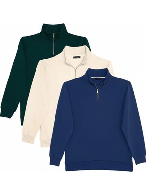 Tudors Unisex 3'lü Paket Yeşil-Ekru-Lacivert Relax Fit Pamuklu Yarım Fermuarlı Dik Yaka Sweatshirt