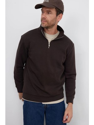 Tudors Unisex Relax Fit Rahat Kesim Pamuklu İçi Polarlı Yarım Fermuarlı Kahverengi Dik Yaka Sweatshirt