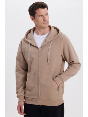 Tudors Unisex Relax Fit Rahat Kesim Pamuklu İçi Polarlı Cepli Tam Fermuarlı Kahverengi Kapüşonlu Sweatshirt