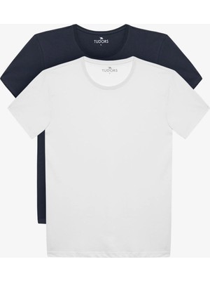 Tudors Unisex 2'li Paket Beyaz-Lacivert Slim Fit Dar Kesim %100 Pamuk Bisiklet Yaka Tişört
