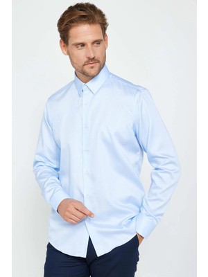 Tudors Slim Fit Mavi Non-Iron %100 Pamuk Doğa Dostu Ekoteks Belgeli Ütü Gerektirmez Gömlek