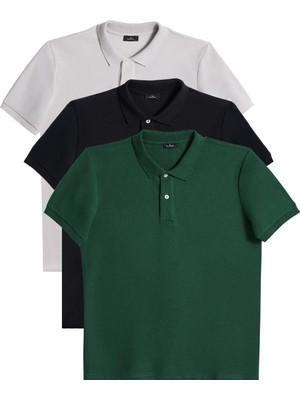 Tudors Erkek 3'lü Paket Gri-Siyah-Yeşil Slim Fit Dar Kesim Pamuklu Düz Pike Polo Yaka Tişört
