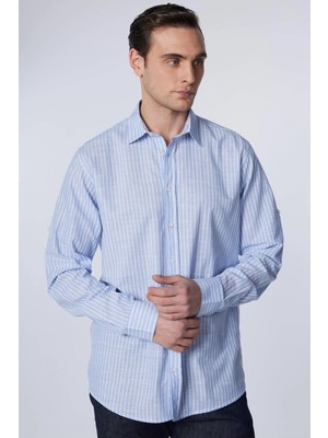 Tudors Erkek Regular Fit Rahat Kesim Oversize %100 Pamuk Keten Doku Çizgili Gömlek