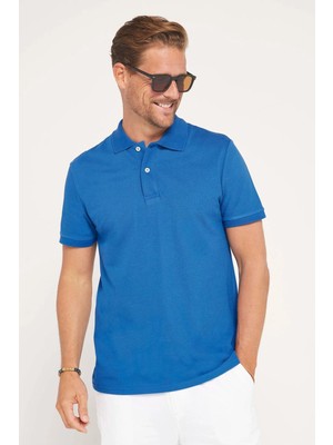 Tudors Erkek Slim Fit Dar Kesim %100 Pamuk Düz Pike Indigo Polo Yaka Tişört