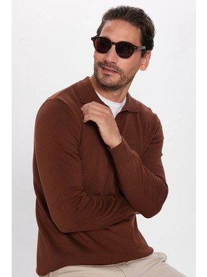 Tudors Erkek Standart Fit Normal Kesim Polo V Yaka Kahverengi Triko Kazak