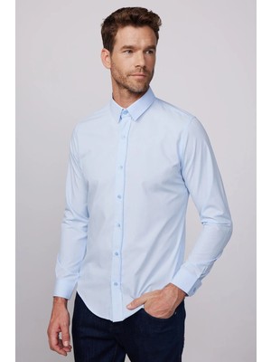 Tudors Erkek Slim Fit Dar Kesim Pamuklu Terry Cotton Kumaş Kolay Ütü Mavi Gömlek
