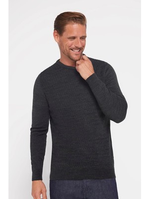 Tudors Erkek Slim Fit Bisiklet Yaka Kendinden Desenli Antrasit Triko Kazak