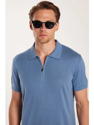 Tudors Erkek Slim Fit Dar Kesim %100 Pamuk Örme Triko Fermuarlı İndigo Polo Yaka Tişört