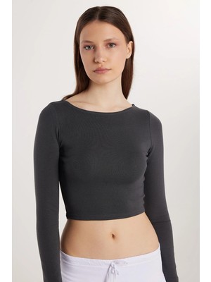 Tudors Kadın Slim Fit Dar Kesim Modal Kumaş Uzun Kollu Bisiklet Yaka Antrasit Bluz