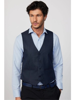 Tudors Slim Fit Dar Kesim Fleto Cep 4 Mevsim Çizgili Lacivert Erkek Yelek