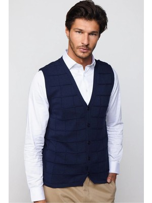 Tudors Slim Fit Kare Desenli Lacivert Erkek Yelek