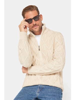 Tudors Erkek Slim Fit Desenli Dik Yaka  Fermuarlı Bej Hırka