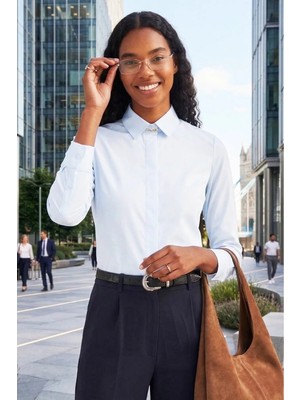 Tudors Kadın Slim Fit Dar Kesim Vucüda Oturan Uzun Kollu Gizli Düğme Detaylı Mavi Basic Gömlek
