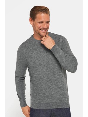 Tudors Erkek Slim Fit Bisiklet Yaka Kendinden Desenli Gri Triko Kazak