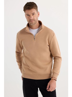 Tudors Unisex Relax Fit Rahat Kesim Pamuklu İçi Polarlı Yarım Fermuarlı Taş Renk Dik Yaka Sweatshirt