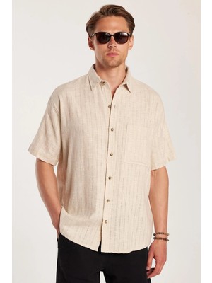 Tudors Erkek Relax Fit Rahat Kesim Oversize Premium Seri Pamuklu Keten Kısa Kollu Cepli Taş Gömlek