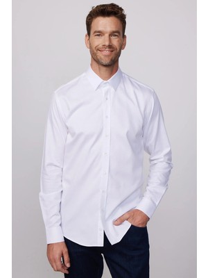 Tudors Modern Fit Uzun Kollu %100 Pamuk Armürlü Premium Erkek Beyaz Gömlek