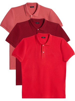 Tudors Erkek 3'lü Paket En Güzel Kırmızı Tonları Slim Fit Dar Kesim Pamuklu Düz Pike Polo Yaka Tişört
