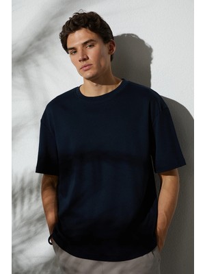 Tudors Unisex Oversize Geniş Kesim %100 Pamuk Yumuşak Dokulu Basic Bisiklet Yaka Lacivert Tişört