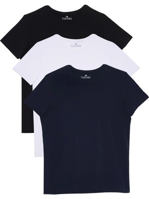 Unisex 3'lü Paket Siyah-Beyaz-Lacivert Slim Fit Dar Kesim %100 Pamuk Bisiklet Yaka Tişört