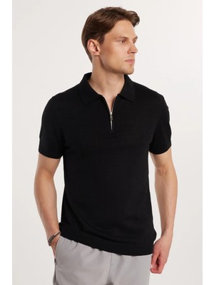 Tudors Erkek Slim Fit Dar Kesim %100 Pamuk Örme Triko Fermuarlı Siyah Polo Yaka Tişört